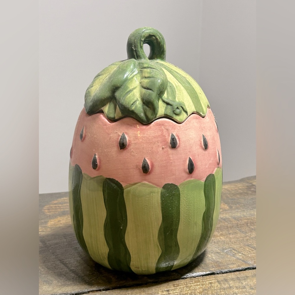 Country Designs Watermelon Cookie Jar, Kitchen Storage Canister, Green Pink, EUC